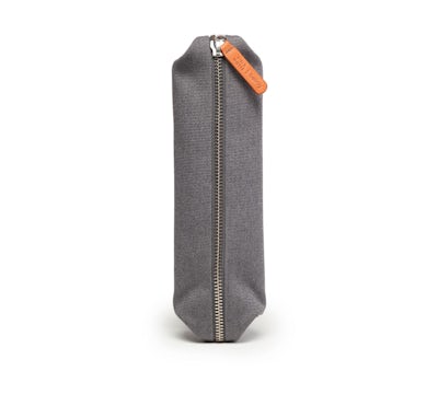 Gray Zippered Pencil Case closed, standing on its end.