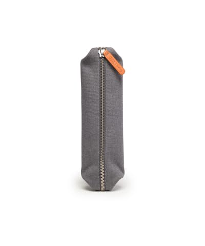 Gray Zippered Pencil Case closed, standing on its end.