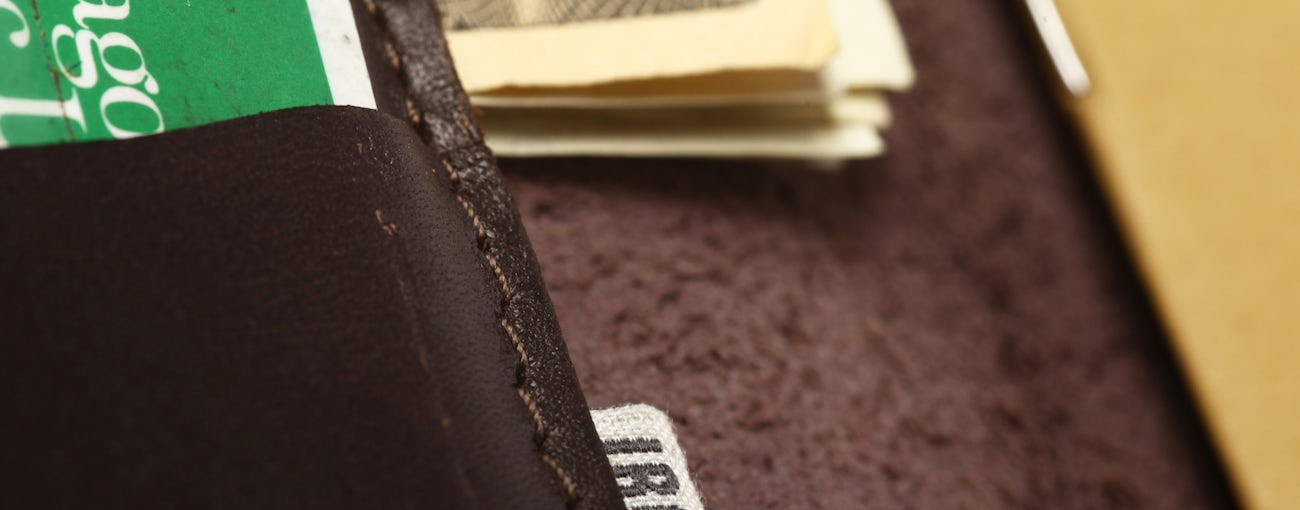 Close-up of the Daily Carry leather notebook cover showing the leather and stitching detail.